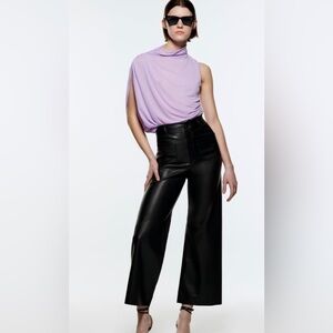 ZARA Faux Leather The Patch Pocket Marine Straight Wide Leg Size 4 Length 28”